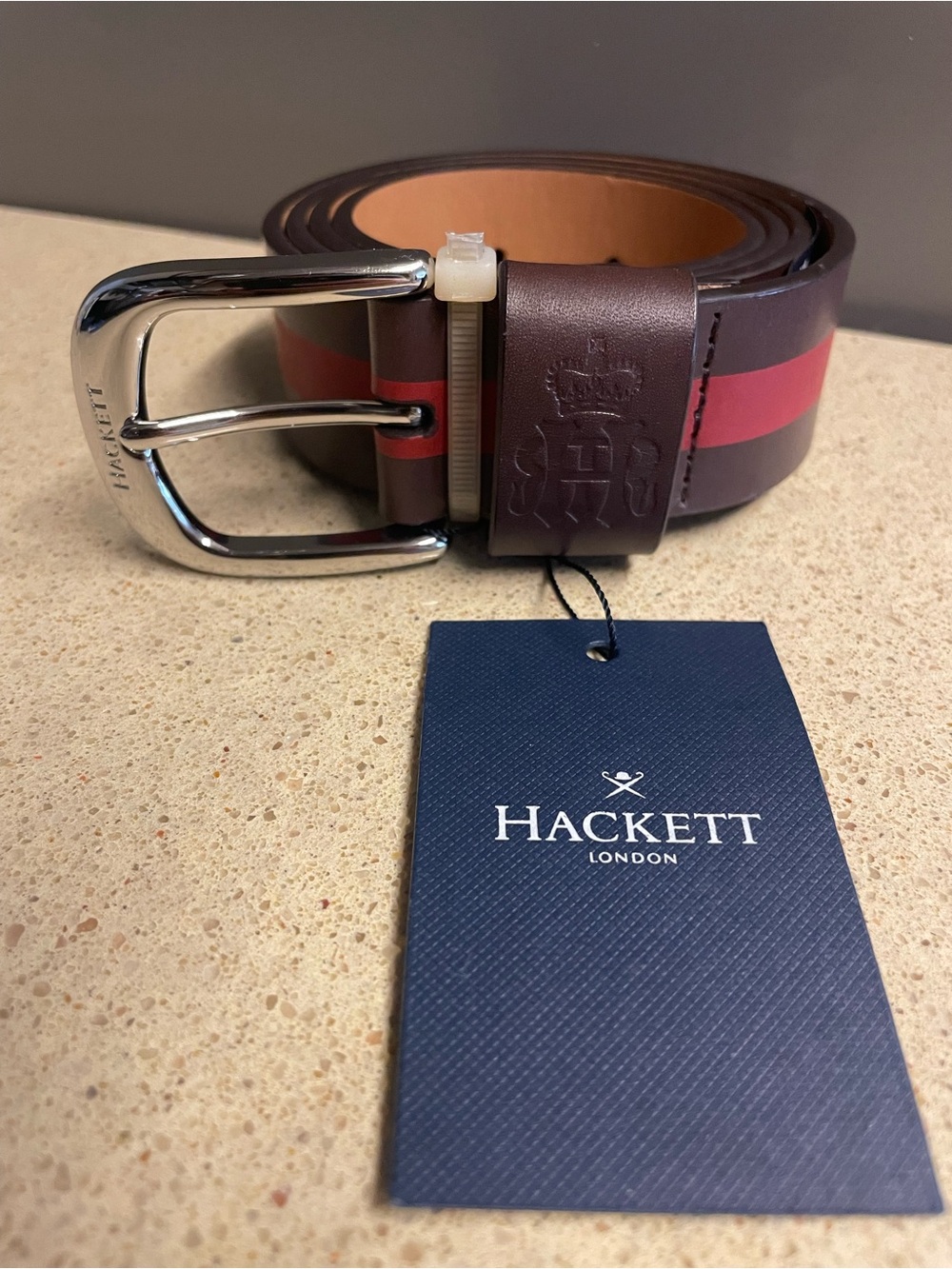 NWT Hackett London Men’s Brown Leather Belt with Red Stripe and Silver Buckle